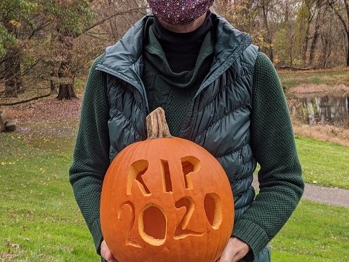 Carved pumpkin with RIP 2020 image