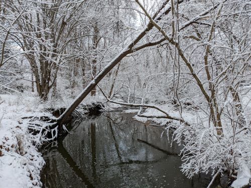 view of a stream full of snow